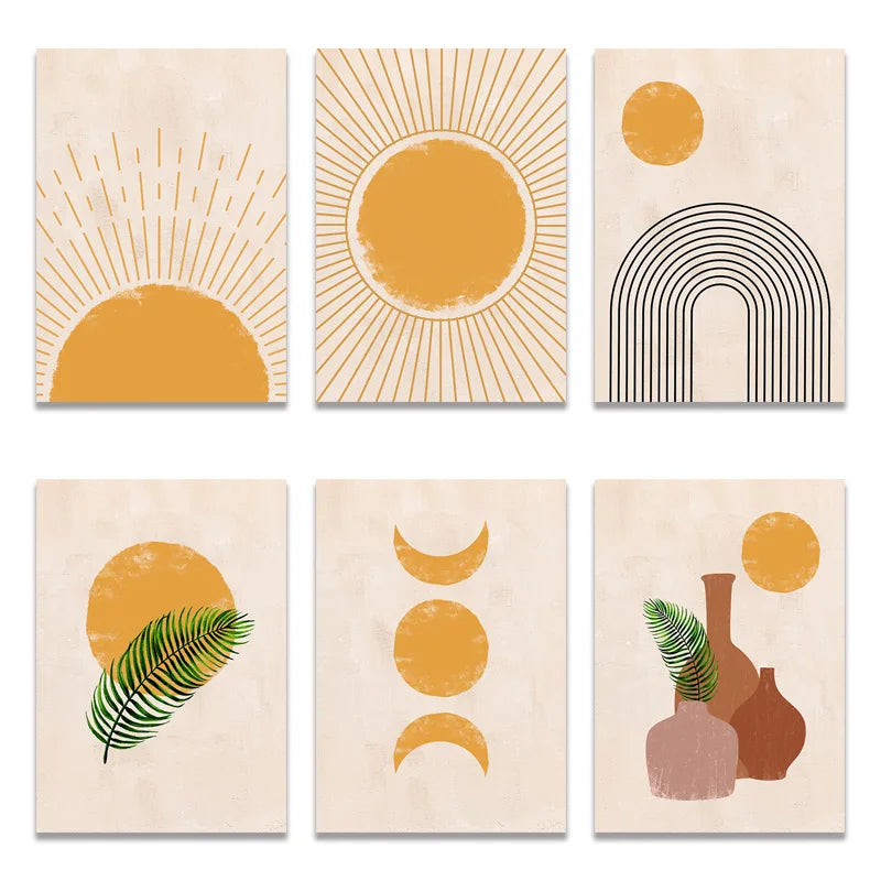 Boho Wall Art Canvas Painting Sun Moon Plants