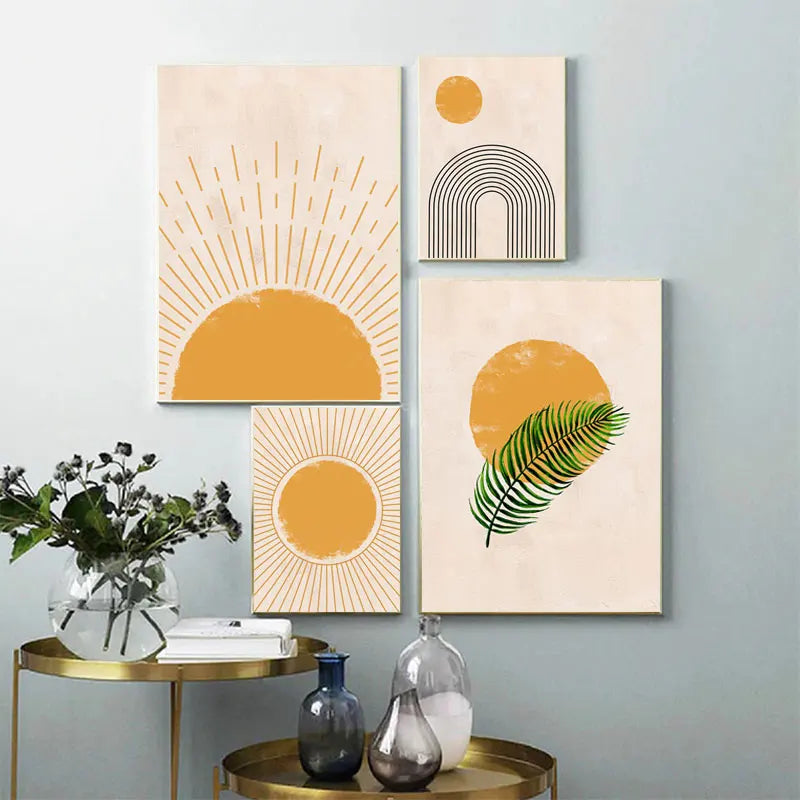 Boho Wall Art Canvas Painting Sun Moon Plants