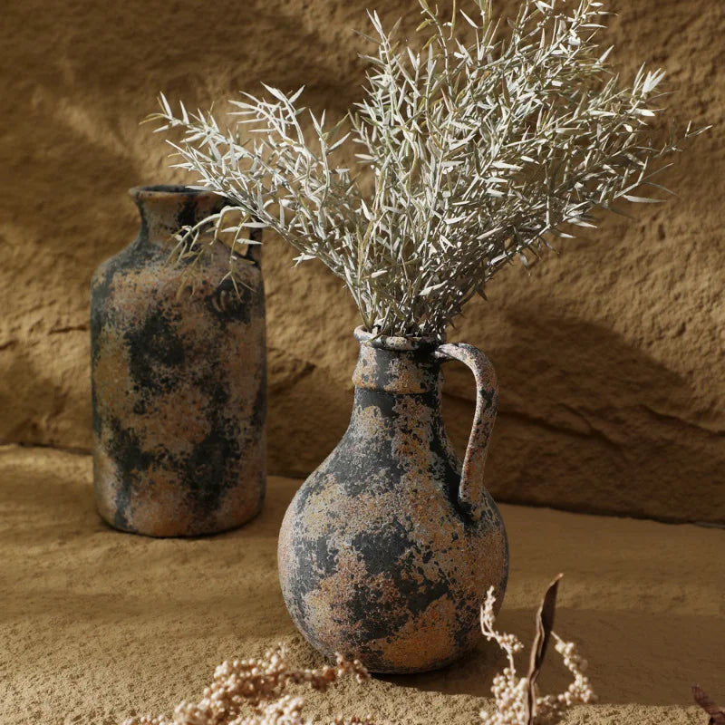 Distressed Stoneware Tabletop Vase with Handle