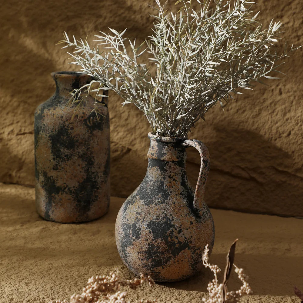 Distressed Stoneware Tabletop Vase with Handle