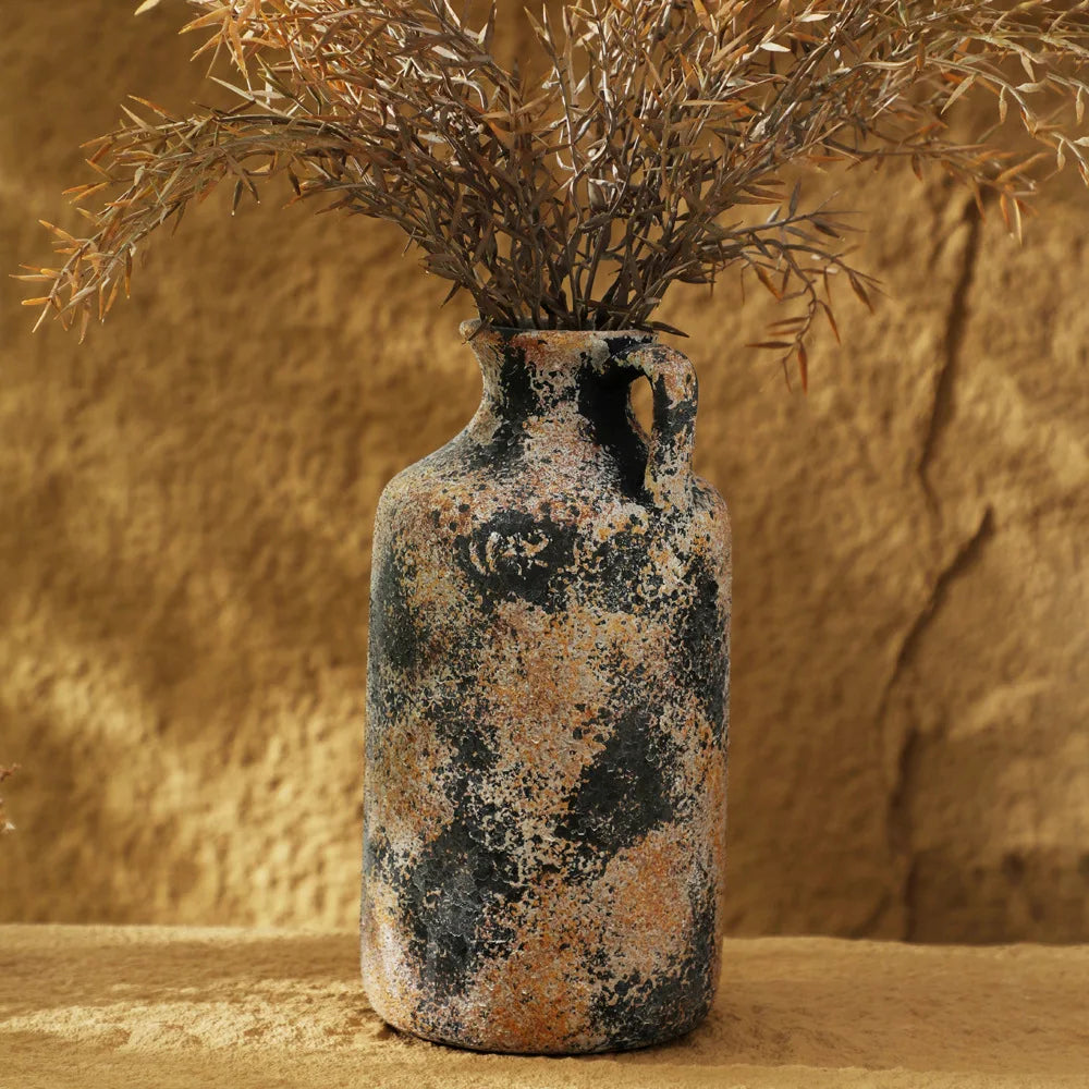 Distressed Stoneware Tabletop Vase with Handle