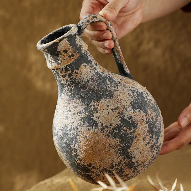 Distressed Stoneware Tabletop Vase with Handle