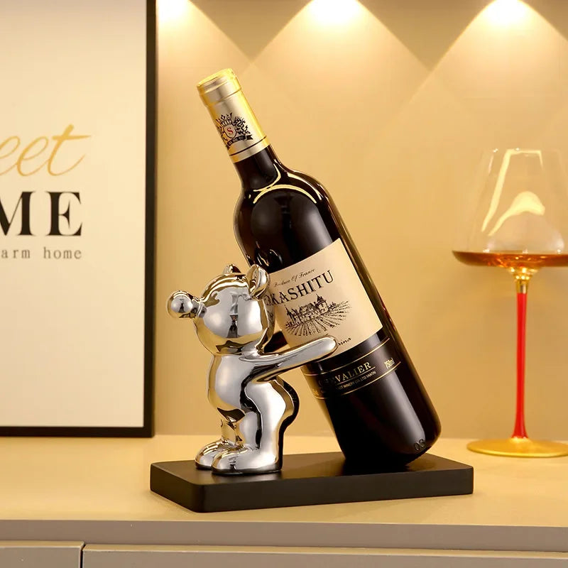 Sculptural Bear Wine Bottle Holder with Metallic Finish