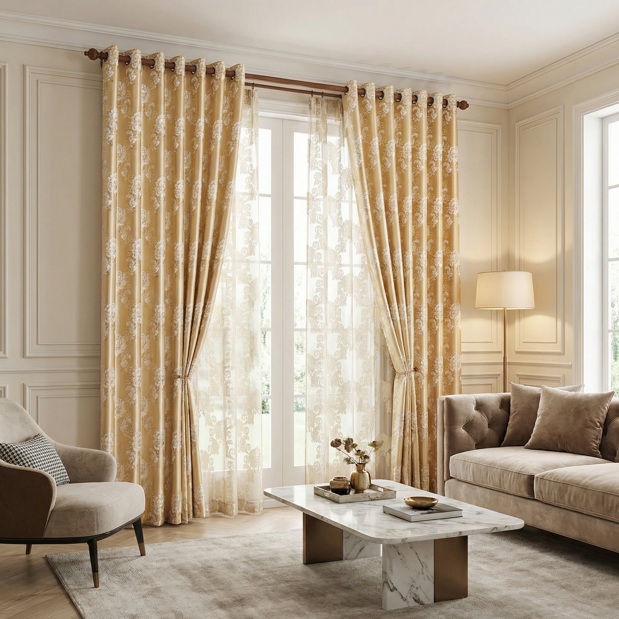 Golden Jacquard Floral Curtain Panel