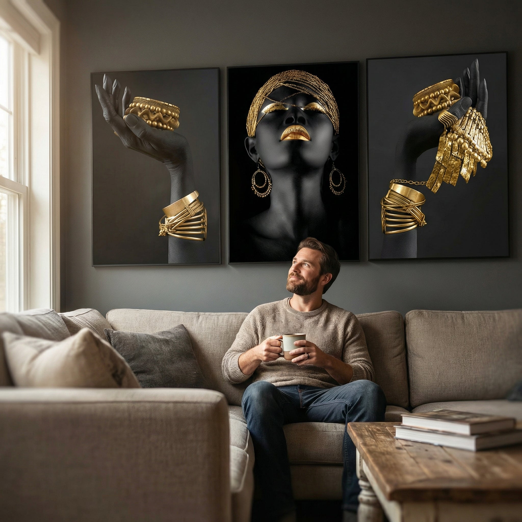 Golden Noir Triptych Wall Art