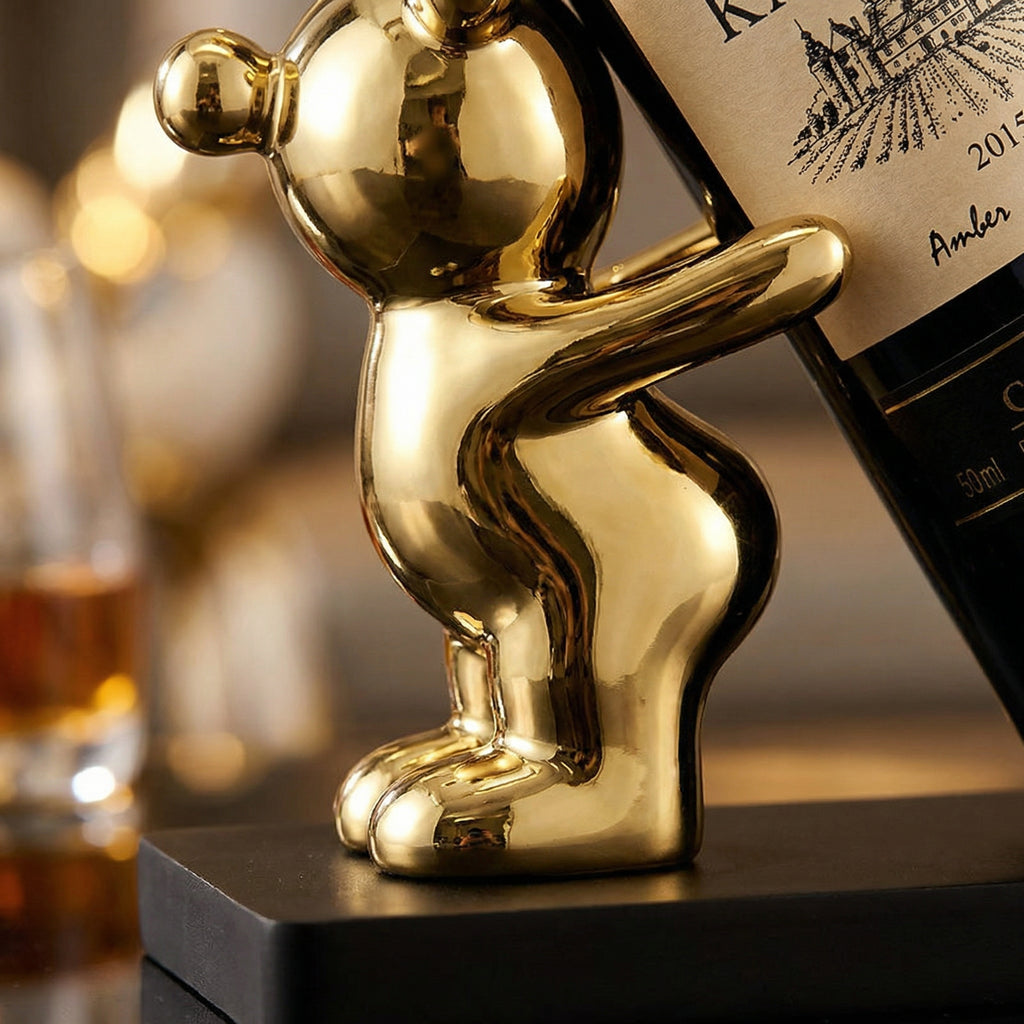 Sculptural Bear Wine Bottle Holder with Metallic Finish