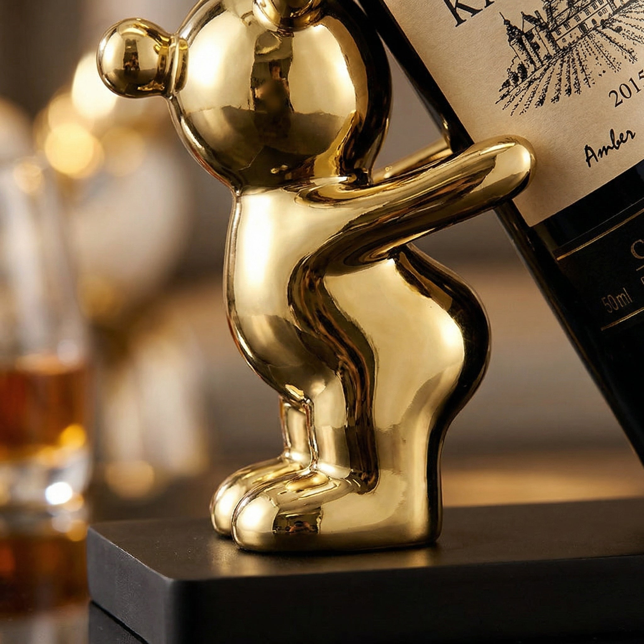 Sculptural Bear Wine Bottle Holder with Metallic Finish