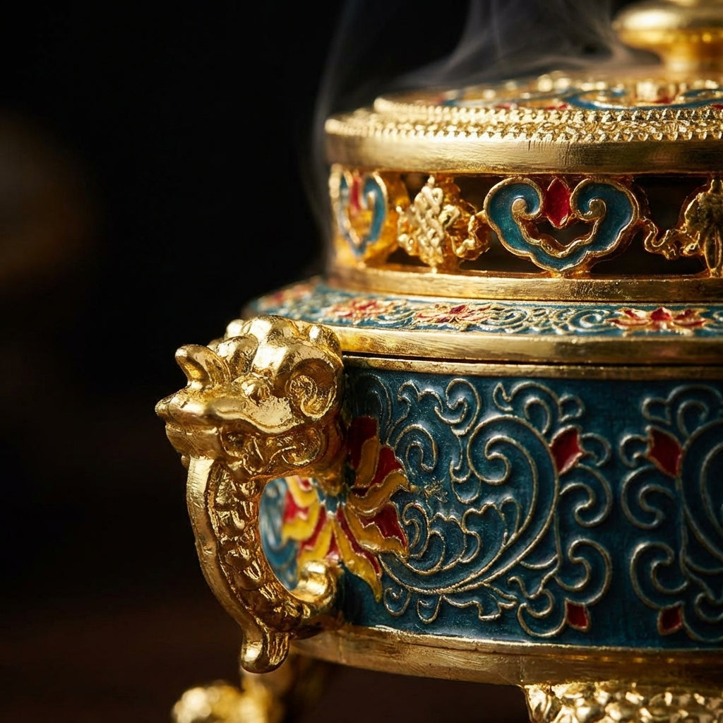 Ornate Enamel Incense Burner with Gold Detailing
