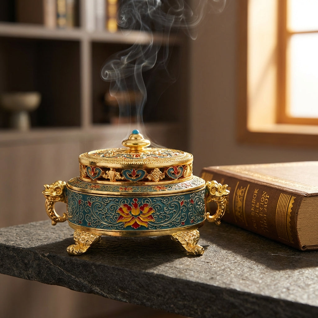 Ornate Enamel Incense Burner with Gold Detailing